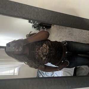 Brown Graphic Tee with Rose Design